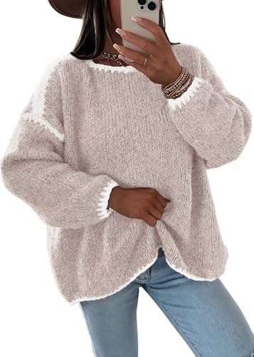 KIRUNDO Womens Sweaters 2026 Fall Oversized Chunky Knit(Apricot, L)