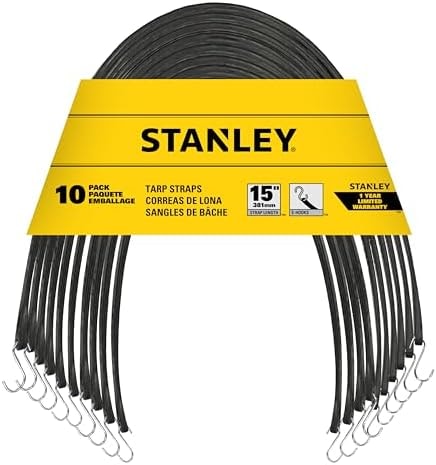 STANLEY 15" Natural Rubber Tarp Straps with Zinc Plated S-Hooks, 10 Pack