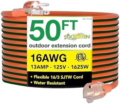 Power By GoGreen Go Green Power Inc. 16/3 50-Foot Outdoor Extension Cord - Heavy-Duty, Weatherproof, GG-13750