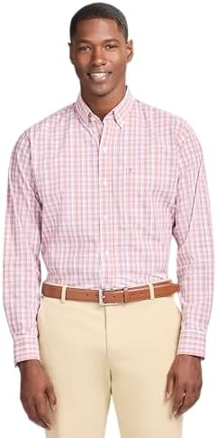 Izod Men's Performance Comfort Long Sleeve Plaid Button Down, Coral Rose, Small