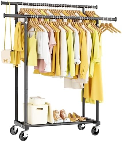 HYSEYY Double Rods Clothes Rack, Rolling Clothing Rack for Hanging Clothes Portable Wardrobe, Metal Garment Rack Sturdy Coat Rack for Bedroom Laundry Living Room, Black