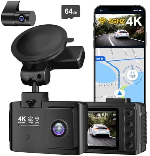 Dash Cam Front and Rear: 4K+2.5K Dual Channel Dash Cam-5GHz WiFi, GPS Dash Camera for Cars with 64GB Card, 2.0" IPS Screen, App Control,G-Sensor,Loop Recording,170°Wide Angle,Night Vision,Parking Mode