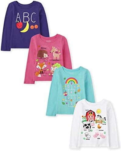 The Children's Place Baby-Girls and Toddler School Days Long Sleeve Graphic T-Shirts,Multipacks Fun Education 4-Pack 12-18MOS