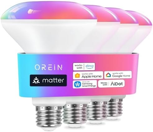 OREiN Matter BR30 Smart Light Bulbs Compatible with Alexa, Apple Home, Google Home, SmartThings, 60W Smart Bulbs 2.4Ghz WiFi only, 650 Lumens RGBTW Color Changing Led Light Bulbs, 4 Pack
