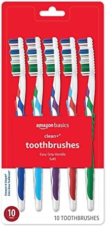 Amazon Basics Clean Plus Soft Bristle Toothbrushes with Angled End-Tuft, Cheek and Tongue Cleaner, Full Size, 10 Count, 1 Pack (Previously Solimo)