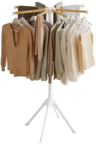 SONGMICS Clothes Drying Rack, with Bamboo Hanging Rods, Foldable Metal Laundry Rack, Space-Saving, Free-Standing Airer, Indoor Use, White and Natural ULLR516W01