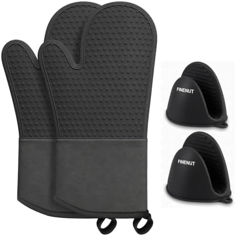 AMISARE 13.39" Silicone Oven Mitts & Mini Mitts, 4-Pcs BBQ Baking Gloves (Black 4-pcs)