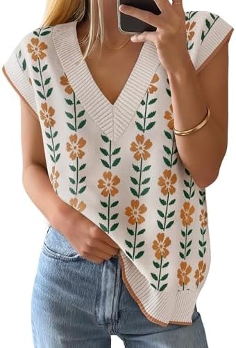 ZESICA Women's Floral V Neck Sleeveless Knit Sweater Vest White M
