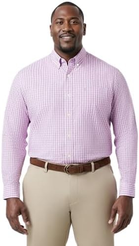 IZOD Men's Big and Tall Performance Comfort Long Sleeve Plaid Button Down, Pink Lemonade Multi Check, 5X-Large Tall