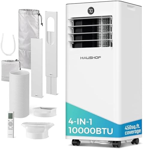 HAUSHOF Portable Air Conditioner, 10000 BTU Portable AC Unit with Cool, Fan, Dry & Sleep Mode for Rooms up to 450 sq.ft, Remote Control, 24H Timer, Window Kit & Exhaust Hose Sleeve Included, White