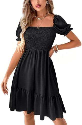 LYANER Women's Smocked Casual Mini Dress Black Large