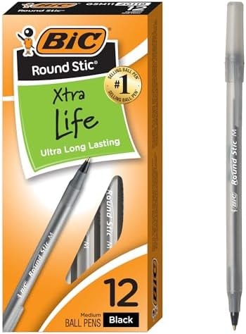 BIC Round Stic Xtra Life Black Ballpoint Pens, Medium Point (1.0mm), 12-Count Pack of Bulk Pens, Flexible Round Barrel for Writing Comfort, No. 1 Selling Ballpoint Pens