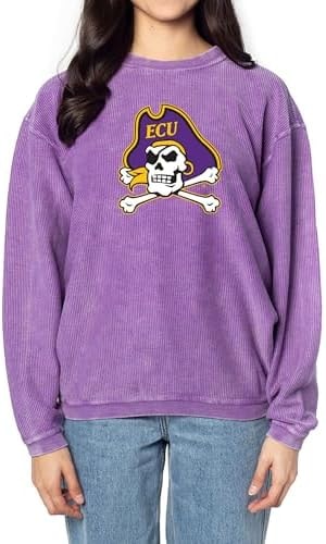 chicka-d Women's Oversized Original Corded Crew Fleece Sweatshirt NCAA Primary Team Icon Team Color, East Carolina Pirates, Purple, Large