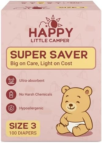 Happy Little Camper Premium Ultra-Thin Diapers, Size 3, 15-22 lbs, 100 Count | Ultra-Absorbent Disposable Baby Diapers for Sensitive Skin | Hypoallergenic, Fragrance-Free, Totally Chlorine Free