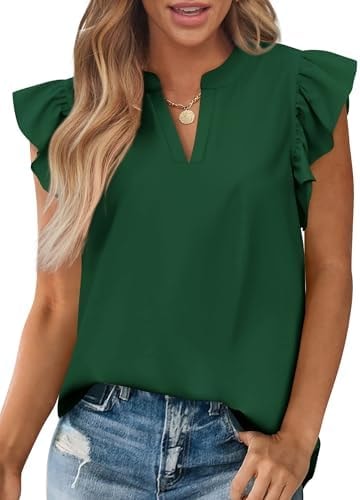 Zenlonr Womens Summer Tops 2026 Casual V Neck Ruffle Cap Sleeve Blouse Shirts Solid Color Tunic Tops(Dark Green,X-Large)