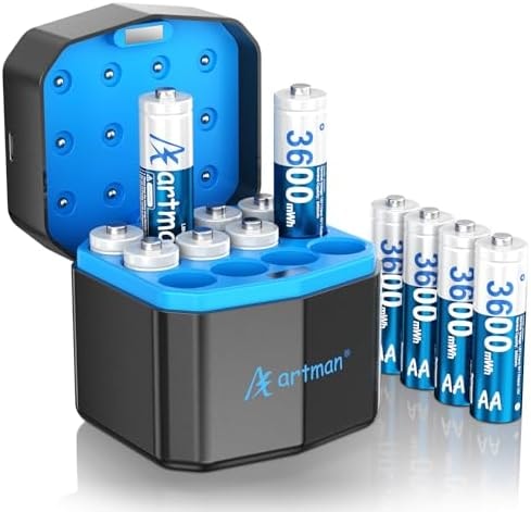 Artman Rechargeable Lithium AA Batteries 12 Pack 3600mWh with Fast Charger