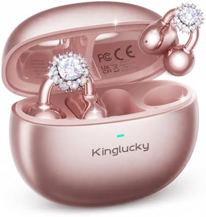 Kinglucky Clip-On Open Ear Earbuds with Detachable Diamond Earrings, Bluetooth 5.4 Open Ear Wireless Headphones for Women, 40H Playtime, Comfortable Small-Ear Fit, Rose Gold