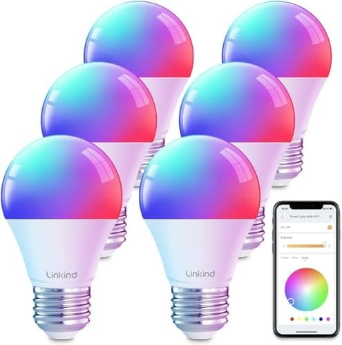 Linkind Smart Light Bulbs, Smart Bulb that Work with Alexa, Google Home, AiDot, LED Light Color Changing, A19 E26 Dimmable, RGBTW DIY Light Show, Dotis, No Hub Needed 800LM 2.4G WiFi&Bluetooth, 6 Pack
