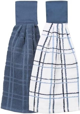 Ritz Premium 100% Cotton Solid and Multi Check Kitchen Tie Towel, Absorbent, Super Soft, and Fast Drying Hang Towel, Set of Two, Federal Blue