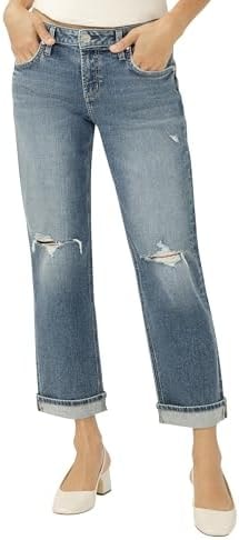 Silver Jeans Co. Women's Chelsea Boyfriend Mid Rise Straight Leg Jeans