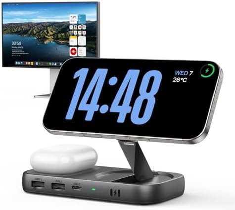 Selore USB C Hub with Wireless Charging for MacBook: 4K@60Hz HDMI, 100W PD, 15W Qi2 + 5W Wireless, 10Gbps Ports, iPhone Mirroring Docking Station & Magsafe Stand, Space-Saving Desk Organizer(Black)