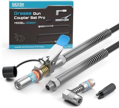 Seesii Grease Gun Accessory Kit Pro, 12000 PSI Quick-Release Coupler, 90 Degree Coupler Adapter, 39.4” Dual-Spring Long Flex Hose, Zerk Fitting Cleaning Tool, Compatible with All Grease Guns, GR05P