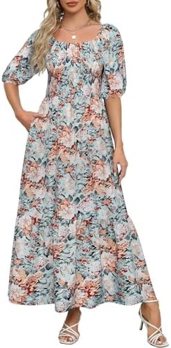 Lyrur Women's Summer Dress Puff Sleeve Square Neck Smocked Tiered Ruffle A Line Long Maxi Sundress with Pockets(M,7017-Light Blue Floral)