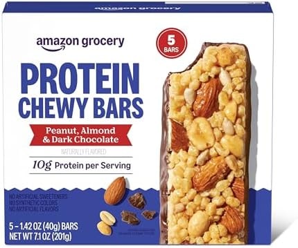 Amazon Grocery, Protein Chewy Bars, Peanut, Almond & Dark Chocolate Flavor, 7.1 oz, 5 ct (Previously Happy Belly, Packaging May Vary)