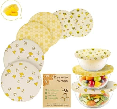 Reusable Beeswax Bowl Covers for Bread Proofing & Food Storage, Eco-Friendly Organic Cotton & Natural Wax & Resin, for Baking, Picnic, Pet Food, Sustainable Kitchen (Honeybee001, 2*12''+2*10''+2*8'')