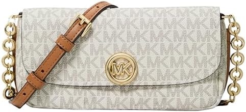 Michael Kors Women's Nolita Small Flap Chain Crossbody, Gold-Tone Hardware/MK Signature Semi Lux Black, Vanilla/Acorn