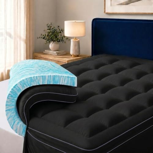 ABENE King Dual Layer 3 Inch Memory Foam Mattress Topper, 2 Inch Gel Memory Foam Plus 1 Inch Down Alternative Pillowtop Mattress Pad Cover, Soft Black Bed Topper Support for Pressure Relief
