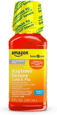 Amazon Basic Care Severe Daytime Cold & Flu, Maximum Strength Multi-Symptom Liquid Medicine, Non-Drowsy Fever Reducer, Pain Reliever, Original Flavor, 8 fl oz (Pack of 1)