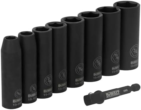 DEWALT Impact Socket Set, 3/8 Drive 9 Pcs Standard SAE Deep Socket Set, 6 point, 5/16 Inch to 3/4 Inch, Includes 1/4 inch Adapter (DWAFSFSET9)