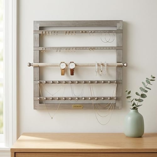 Hives & Honey Wall-Mounted Jewelry Organizer, Silver – 50 Earring Holes, 26 Necklace Hooks, Removable Bracelet Bar, Space-Saving Jewelry Storage, 18x18 Fully Assembled