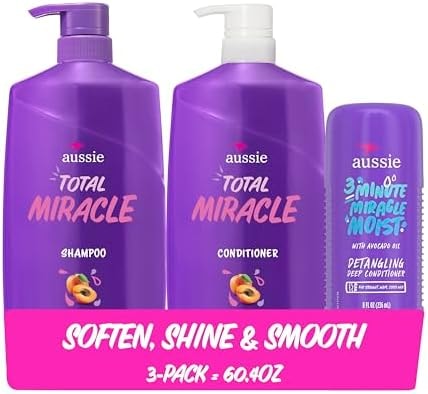 Aussie Total Miracle Hair Care Bundle: Shampoo, Conditioner, and 3 Minute Deep Treatment with Apricot & Macadamia Oil, Paraben-Free for Damaged Hair, 26.2 & 8 Fl Oz