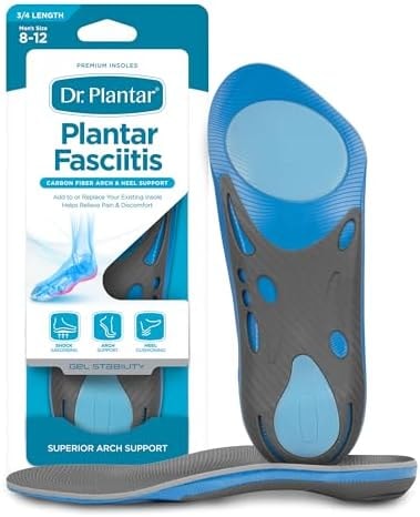 Dr. Plantar Insoles for Men, Arch Support, Heel Cushion, Memory Foam, Gel Stabilizers, 3/4 Length, Sizes 8-12, Helps Relieve Pain from Plantar Fasciitis