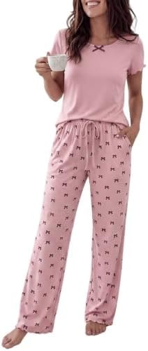 CHICME Womens Pajama Sets 2 Piece Loose Pants Pj Set-Light pink-X-Large