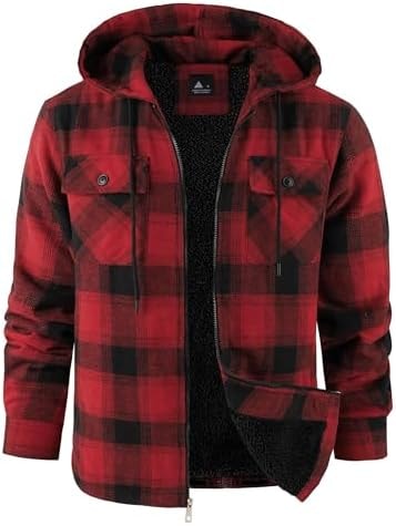 ZITY Mens Flannel Hooded Jacket Fleece Sherpa Lined Plaid Zip Up Sweatshirt