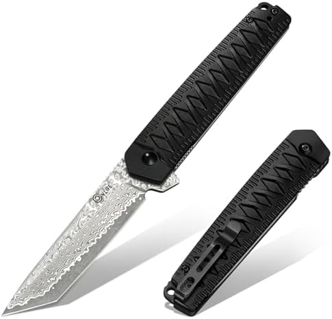 CVLIFE Damascus Pocket Knife with Clip, Tanto Sharp Camping Knives, Black