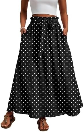 Mintreus Womens Summer Long Skirt Elegant High Waist Flowy A-Line Maxi Skirts for Cocktail Party Wedding(Polka White Black-M)