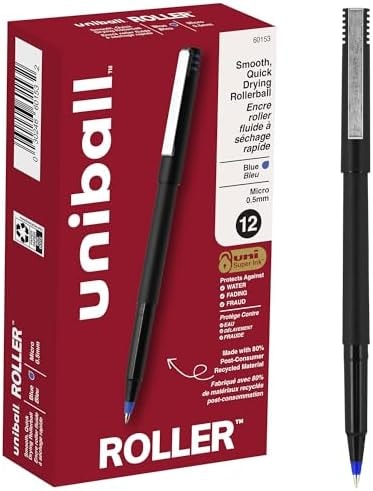 uniball Roller Rollerball Pens, Micro Point (0.5mm), Blue, 12 Pack