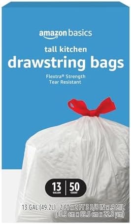 Amazon Basics Flextra Tall Kitchen Drawstring Trash Bags, 13 Gallon, 50 Count, Tear-Resistant, Unscented