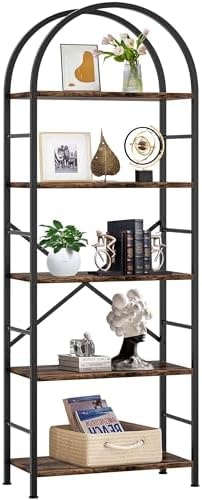 Shintenchi Arched Bookshelf, 5-Tier Tall Bookcase for CDs and Books, Home Office Storage Organizer, Modern Book Shelf for Bedroom or Living Room, Rustic Brown Finish