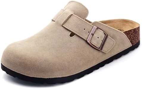 AUGCY Suede Clogs for Womens Slip on Shoes, Comfortable Leather Soft Footbed Cork Slippers with Arch Support & Adjustable Buckle