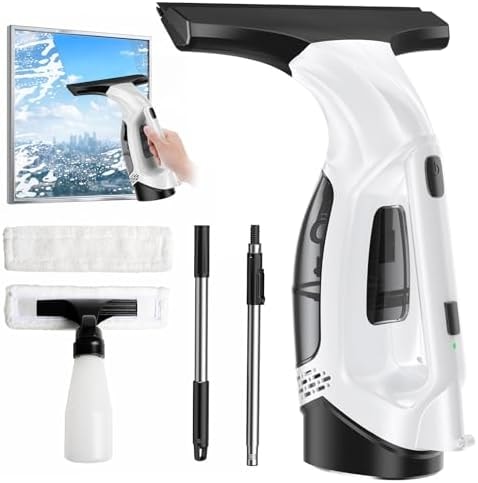 BirdSuite Cordless Window Vacuum Squeegee with Extension Pole, Electric Window Cleaner with Water Collection Tank, Portable Cleaning Kit for Glass Doors, Windows, Mirrors and Car(White)