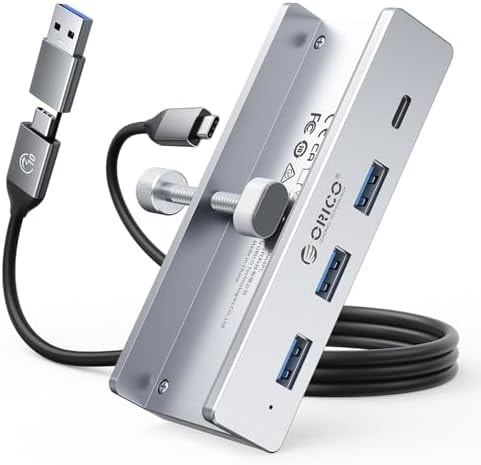 ORICO USB Hub 3.0, Clamp USB Hub with Extra Power Port, 3 USB-A Data Ports, USB-C Port for Monitors, Desks(Silver)
