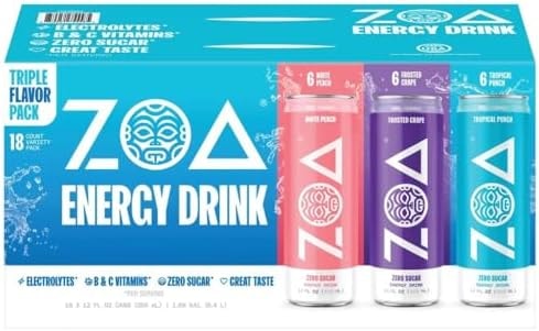 ZOA Zero Sugar Energy Drink Variety Pack, Sugar Free with Electrolytes, Healthy Vitamin C, Amino Acids, Essential B-Vitamins, and Caffeine from Green Tea, 18 12 oz cans, White Peach, Tropical Punch, Frosted Grape