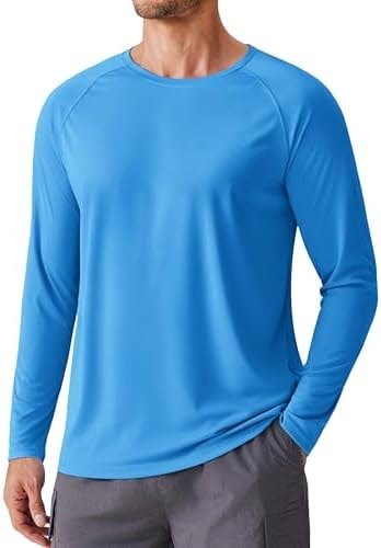 PINSPARK Long Sleeve Swim Shirts for Men UPF 50 Lightweight Fishing Shirts Moisture Wicking Sun Protection Shirts for Men Solid Blue