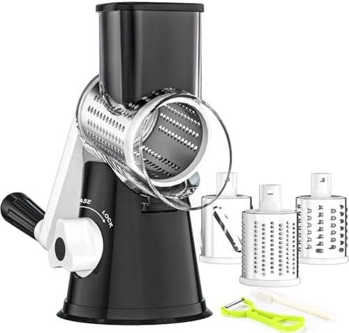 Ourokhome Rotary Cheese Grater Hand Crank, Kitchen Shredder Speed Mandolin Slicer Nuts Grinder with Handle and Drum Blades for Cheese, Vegetable, Walnut, Chocolate, Potato, Carrot, 3 Blades, Black