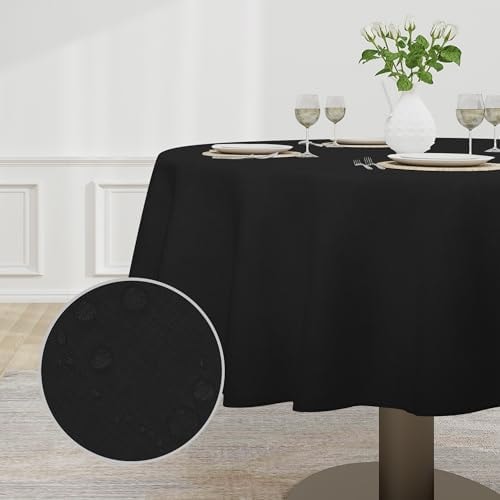 Easy-Going Waterproof Faux Linen Table Cloth, 60 in-Round, Black